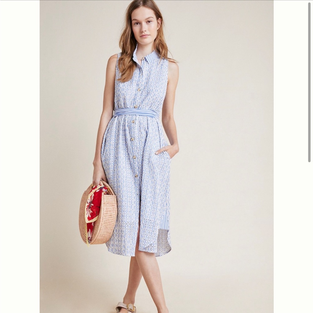 Anthropologie Kismet Blue and White Eyelet
Embroidered Midi Shirt Dress